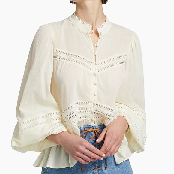 NWT Kivari | "Tana" Cotton Button Front Crochet Detail Blouse in Cream | Size 2* - Picture 1 of 14